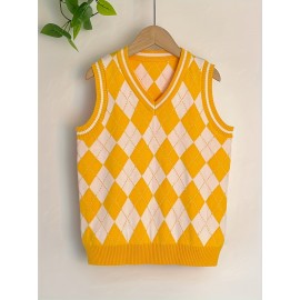 All-Season Chic Boys' Knit Vest: Sleeveless, Durable & Stretchy, Preppy Plaid Style with Easy-Care Fabric