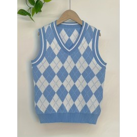 All-Season Chic Boys' Knit Vest: Sleeveless, Durable & Stretchy, Preppy Plaid Style with Easy-Care Fabric