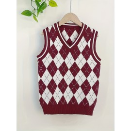 All-Season Chic Boys' Knit Vest: Sleeveless, Durable & Stretchy, Preppy Plaid Style with Easy-Care Fabric