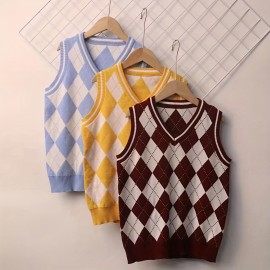 All-Season Chic Boys' Knit Vest: Sleeveless, Durable & Stretchy, Preppy Plaid Style with Easy-Care Fabric