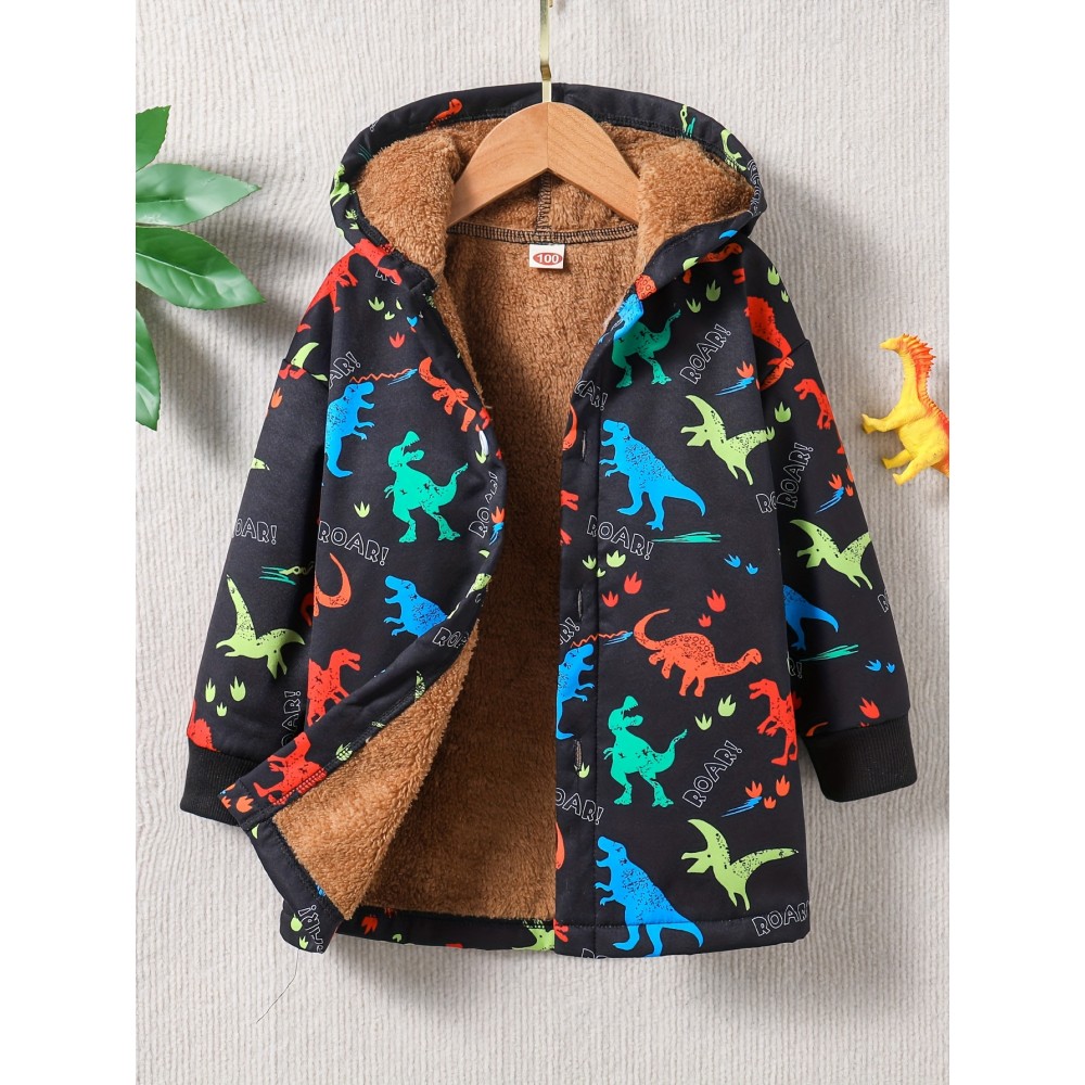 Boys Cool Colorful Dinosaur Print Warm Hooded Jacket, Zip Up Coat, Boy's Clothes For Winter Outdoor, As Gift