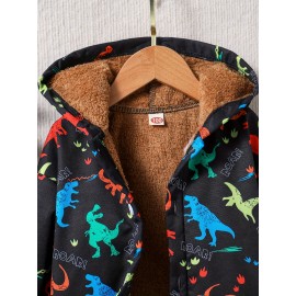 Boys Cool Colorful Dinosaur Print Warm Hooded Jacket, Zip Up Coat, Boy's Clothes For Winter Outdoor, As Gift