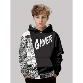 Colorblock Long Sleeve Hoodie - 3D Print Cartoon GAMER Letter Design, Cozy Sweatshirt with Stylish Graphics - Perfect for Fashion-Conscious Boys, Great Spring and Fall Essential