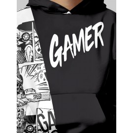 Colorblock Long Sleeve Hoodie - 3D Print Cartoon GAMER Letter Design, Cozy Sweatshirt with Stylish Graphics - Perfect for Fashion-Conscious Boys, Great Spring and Fall Essential