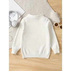 Boys Casual Simple Solid Color Lapel Knit Pullover Sweater, Long Sleeve Button Closure Knit Top