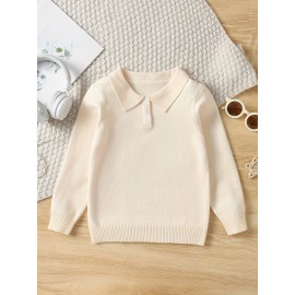 Boys Casual Simple Solid Color Lapel Knit Pullover Sweater, Long Sleeve Button Closure Knit Top