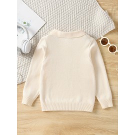 Boys Casual Simple Solid Color Lapel Knit Pullover Sweater, Long Sleeve Button Closure Knit Top