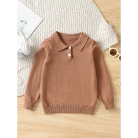 Boys Casual Simple Solid Color Lapel Knit Pullover Sweater, Long Sleeve Button Closure Knit Top