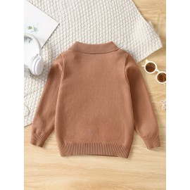 Boys Casual Simple Solid Color Lapel Knit Pullover Sweater, Long Sleeve Button Closure Knit Top