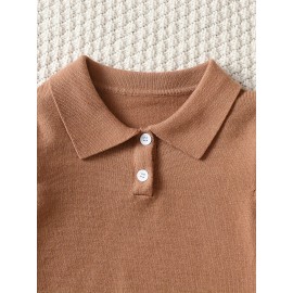 Boys Casual Simple Solid Color Lapel Knit Pullover Sweater, Long Sleeve Button Closure Knit Top