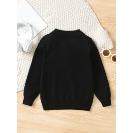 Boys Casual Simple Solid Color Lapel Knit Pullover Sweater, Long Sleeve Button Closure Knit Top