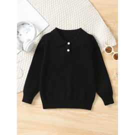 Boys Casual Simple Solid Color Lapel Knit Pullover Sweater, Long Sleeve Button Closure Knit Top