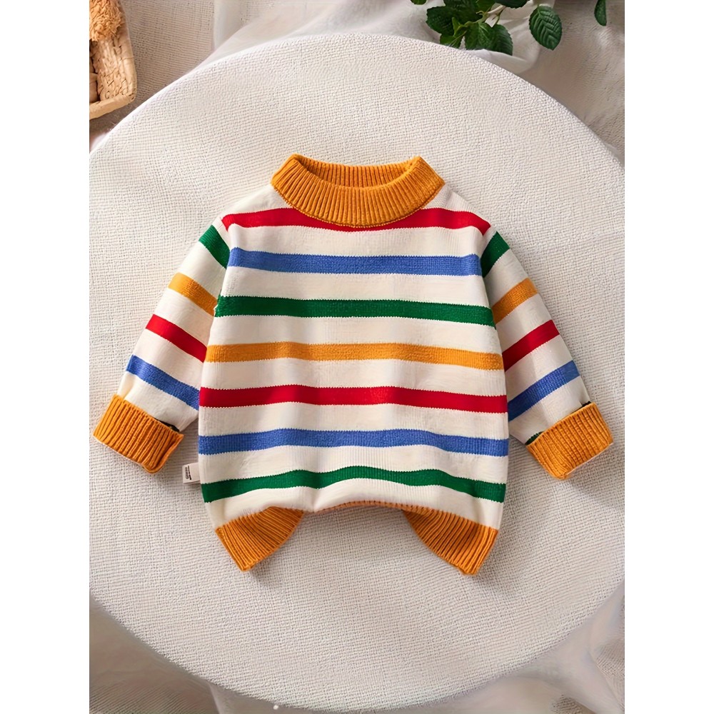 Boys Vibrant Stripe Knit Crew Neck Sweater - Soft Medium Stretch Polyester, Long Sleeve, Pullover, Regular Fit, Preppy Style - Perfect for Fall and Winter, Hand Wash Only, Great Gift Idea