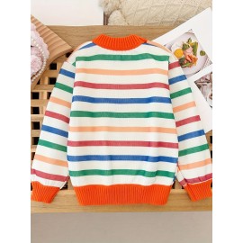 Boys Vibrant Stripe Knit Crew Neck Sweater - Soft Medium Stretch Polyester, Long Sleeve, Pullover, Regular Fit, Preppy Style - Perfect for Fall and Winter, Hand Wash Only, Great Gift Idea