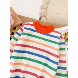 Boys Vibrant Stripe Knit Crew Neck Sweater - Soft Medium Stretch Polyester, Long Sleeve, Pullover, Regular Fit, Preppy Style - Perfect for Fall and Winter, Hand Wash Only, Great Gift Idea