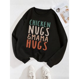 CHICKEN NUGS&MAMA HUGS Letter Graphic Print Boys Warm Fleece Sweatshirt: Thick And Cozy Top For Spring Fall Winter Season