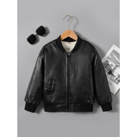 Boys' Casual Warm Fleece-Lined Faux Leather Jacket - Easy-Care Drop Shoulder Zippered Coat for Fall/Winter