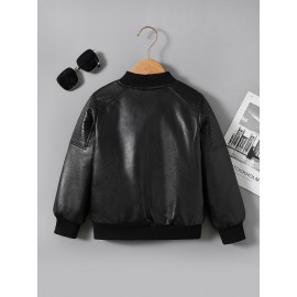 Boys' Casual Warm Fleece-Lined Faux Leather Jacket - Easy-Care Drop Shoulder Zippered Coat for Fall/Winter