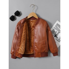 Boys' Casual Warm Fleece-Lined Faux Leather Jacket - Easy-Care Drop Shoulder Zippered Coat for Fall/Winter