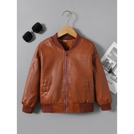 Boys' Casual Warm Fleece-Lined Faux Leather Jacket - Easy-Care Drop Shoulder Zippered Coat for Fall/Winter