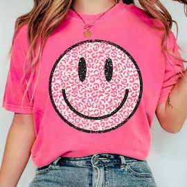 Cute Smile Print T-shirt, Casual Short Sleeve Crew Neck Top, Women's Clothing