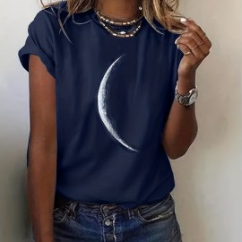 Moon Print Crew Neck T-Shirt, Casual Short Sleeve T-Shirt For Spring & Summer, Women's Clothing