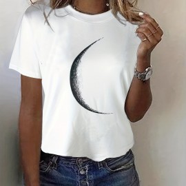 Moon Print Crew Neck T-Shirt, Casual Short Sleeve T-Shirt For Spring & Summer, Women's Clothing