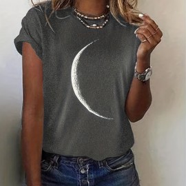 Moon Print Crew Neck T-Shirt, Casual Short Sleeve T-Shirt For Spring & Summer, Women's Clothing