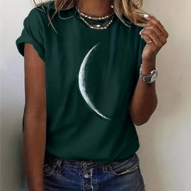 Moon Print Crew Neck T-Shirt, Casual Short Sleeve T-Shirt For Spring & Summer, Women's Clothing