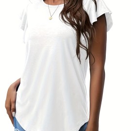 Ruffle Sleeve Crew Neck T-Shirt, Casual Top For Summer & Spring, Women's Clothing