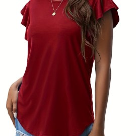 Ruffle Sleeve Crew Neck T-Shirt, Casual Top For Summer & Spring, Women's Clothing