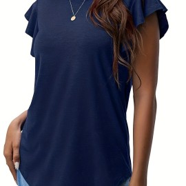 Ruffle Sleeve Crew Neck T-Shirt, Casual Top For Summer & Spring, Women's Clothing