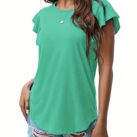 Ruffle Sleeve Crew Neck T-Shirt, Casual Top For Summer & Spring, Women's Clothing