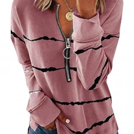 Women's Tops Colorblock Zip Loose V-neck Tops