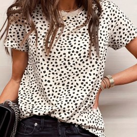 Dalmatian Print Crew Neck T-Shirt, Casual Short Sleeve T-Shirt For Spring & Summer, Women's Clothing