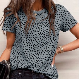 Dalmatian Print Crew Neck T-Shirt, Casual Short Sleeve T-Shirt For Spring & Summer, Women's Clothing