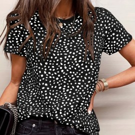 Dalmatian Print Crew Neck T-Shirt, Casual Short Sleeve T-Shirt For Spring & Summer, Women's Clothing