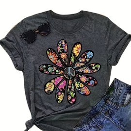 Flower Print Crew Neck T-Shirt, Casual Short Sleeve Top For Spring & Summer, Women's Clothing