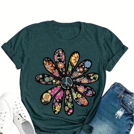 Flower Print Crew Neck T-Shirt, Casual Short Sleeve Top For Spring & Summer, Women's Clothing