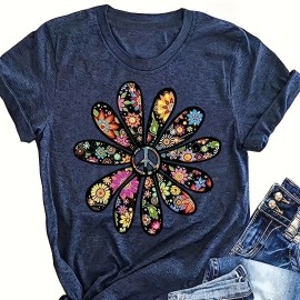 Flower Print Crew Neck T-Shirt, Casual Short Sleeve Top For Spring & Summer, Women's Clothing