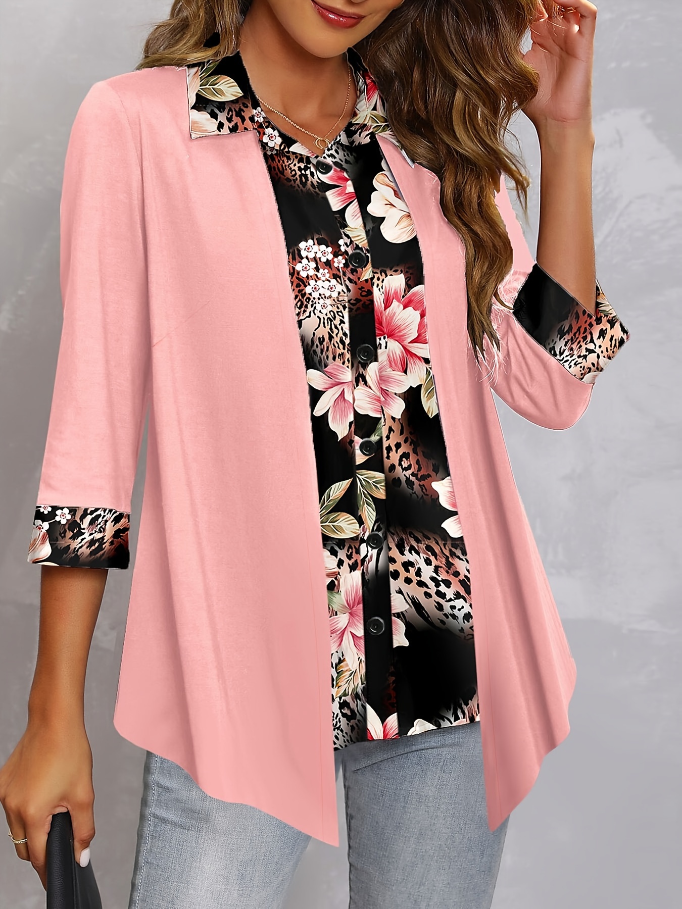 plus size elegant blouse womens plus colorblock floral stripe print faux twinset long sleeve button up lapel collar asymmetric hem shirt top details 0