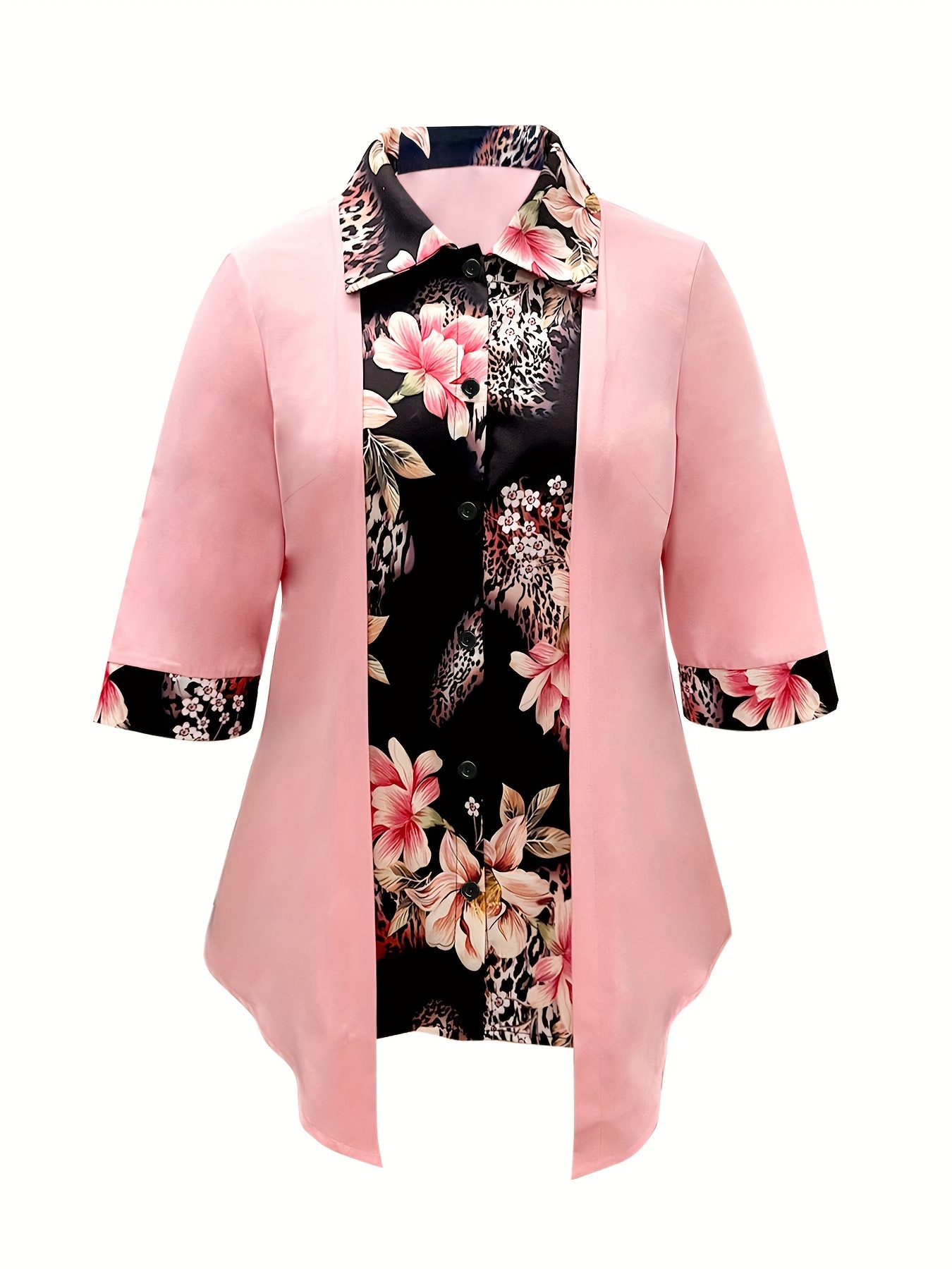 plus size elegant blouse womens plus colorblock floral stripe print faux twinset long sleeve button up lapel collar asymmetric hem shirt top details 1