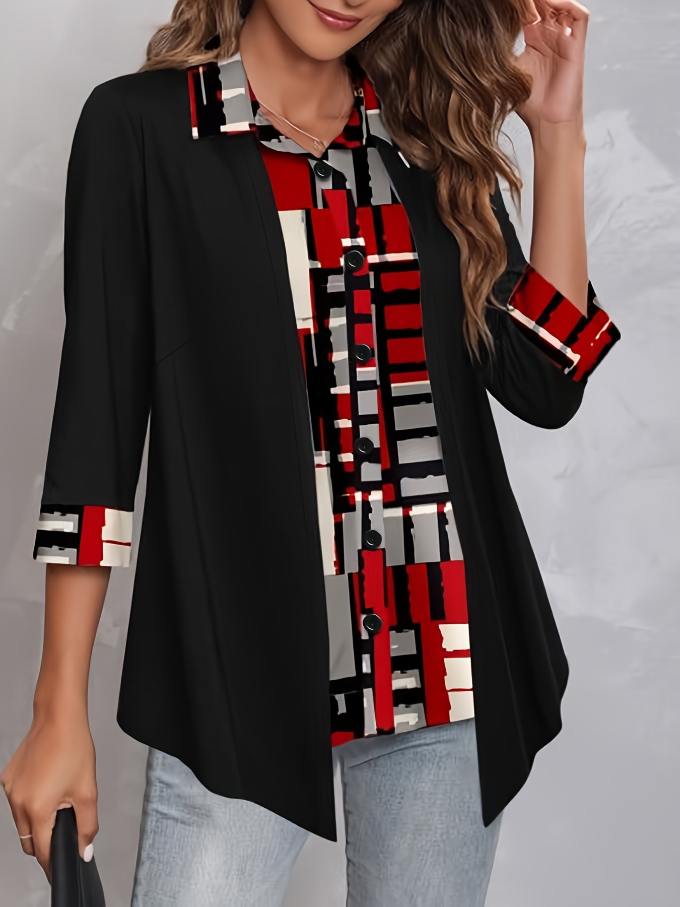 plus size elegant blouse womens plus colorblock floral stripe print faux twinset long sleeve button up lapel collar asymmetric hem shirt top details 3