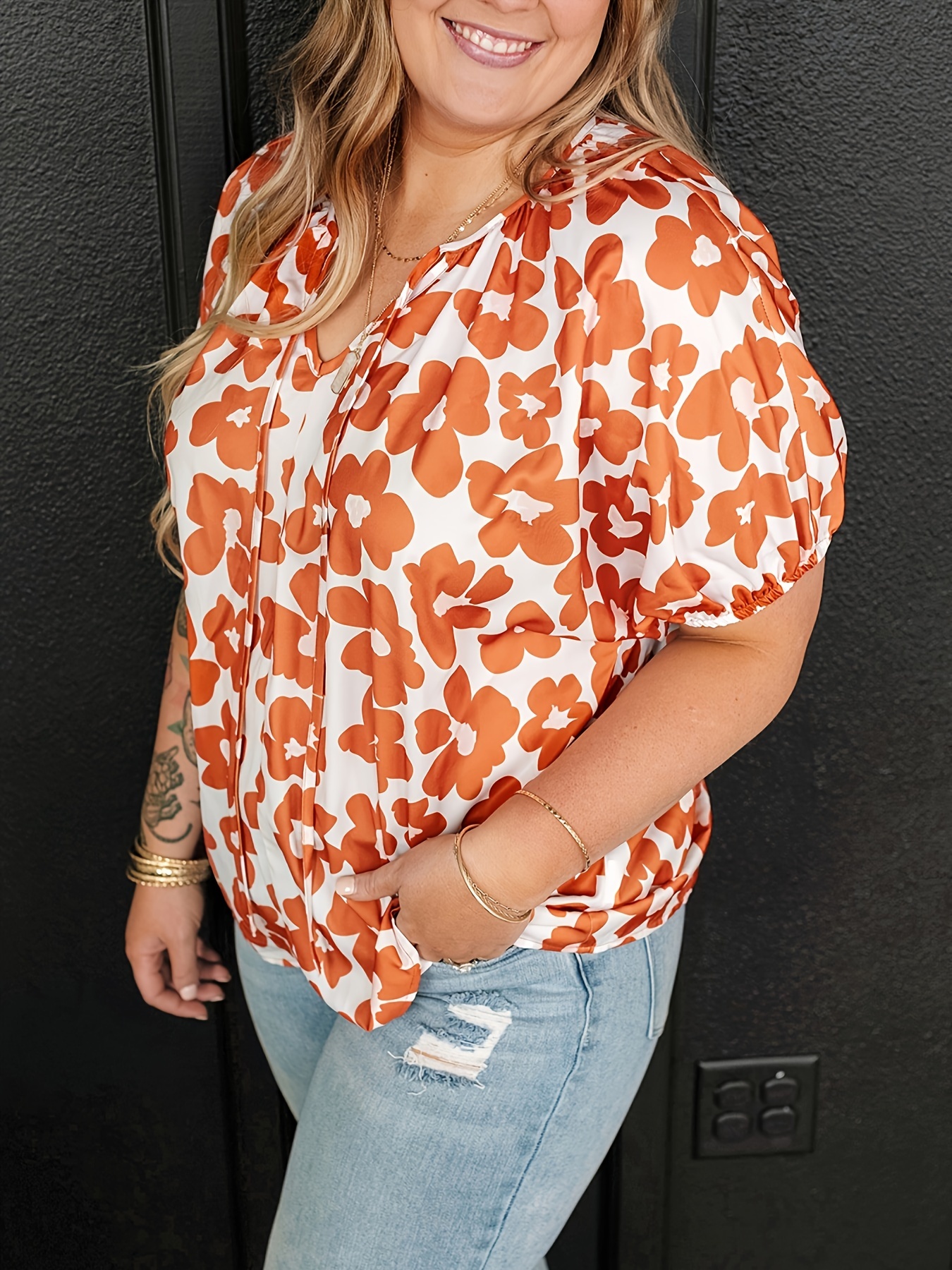 plus size floral print tied v neck blouse casual short sleeve blouse for spring summer womens plus size clothing details 2