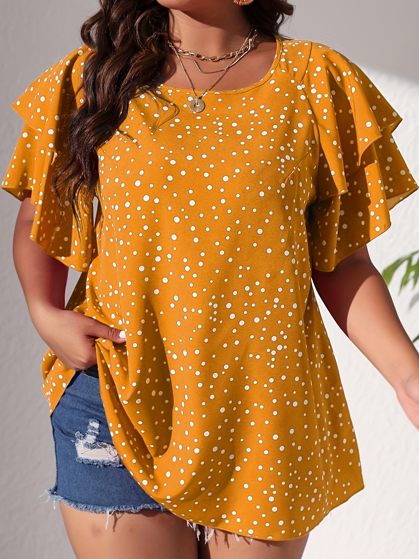 plus size casual blouse womens plus polka dot print layered sleeve round neck oversized blouse details 5