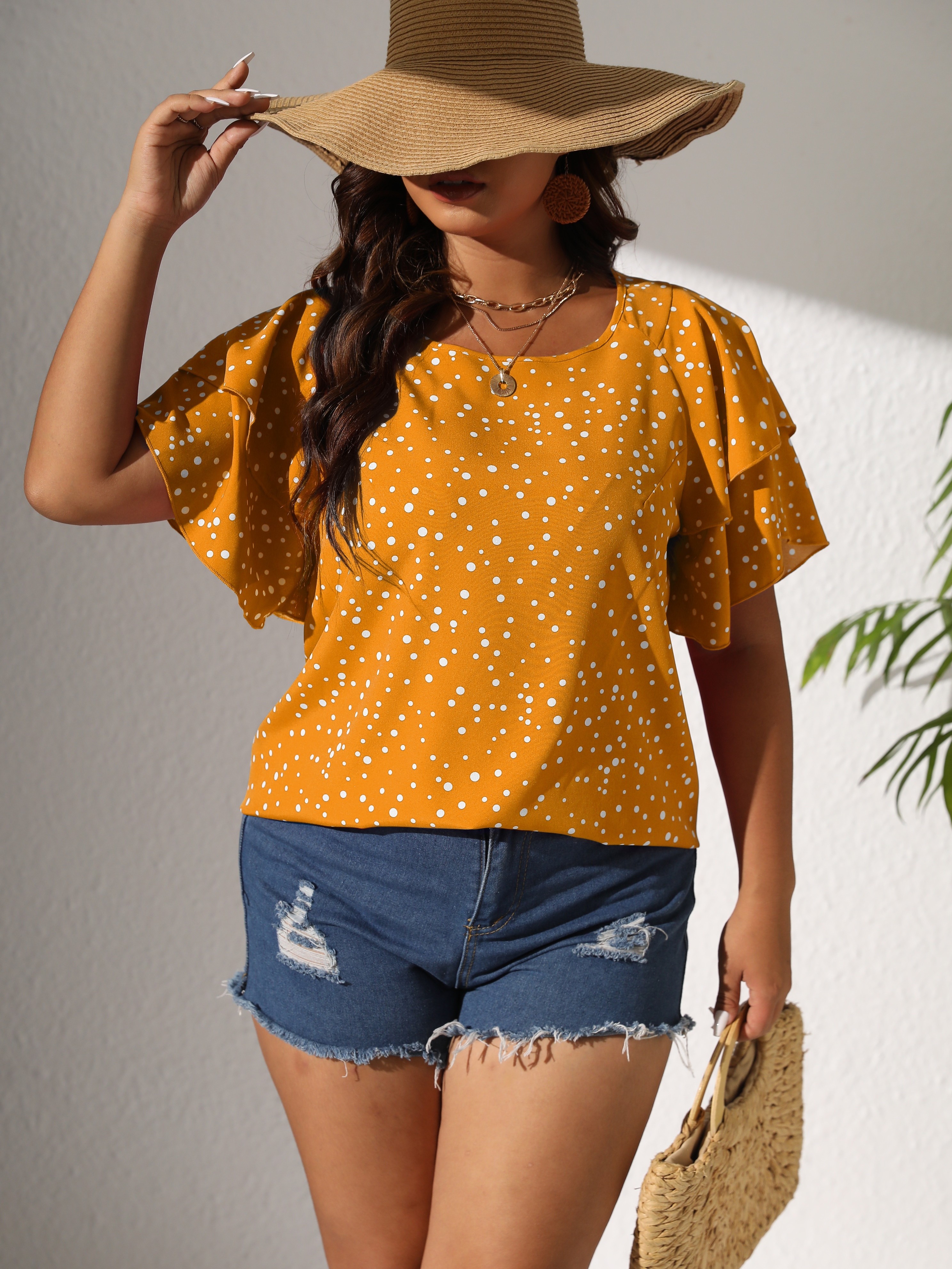 plus size casual blouse womens plus polka dot print layered sleeve round neck oversized blouse details 7