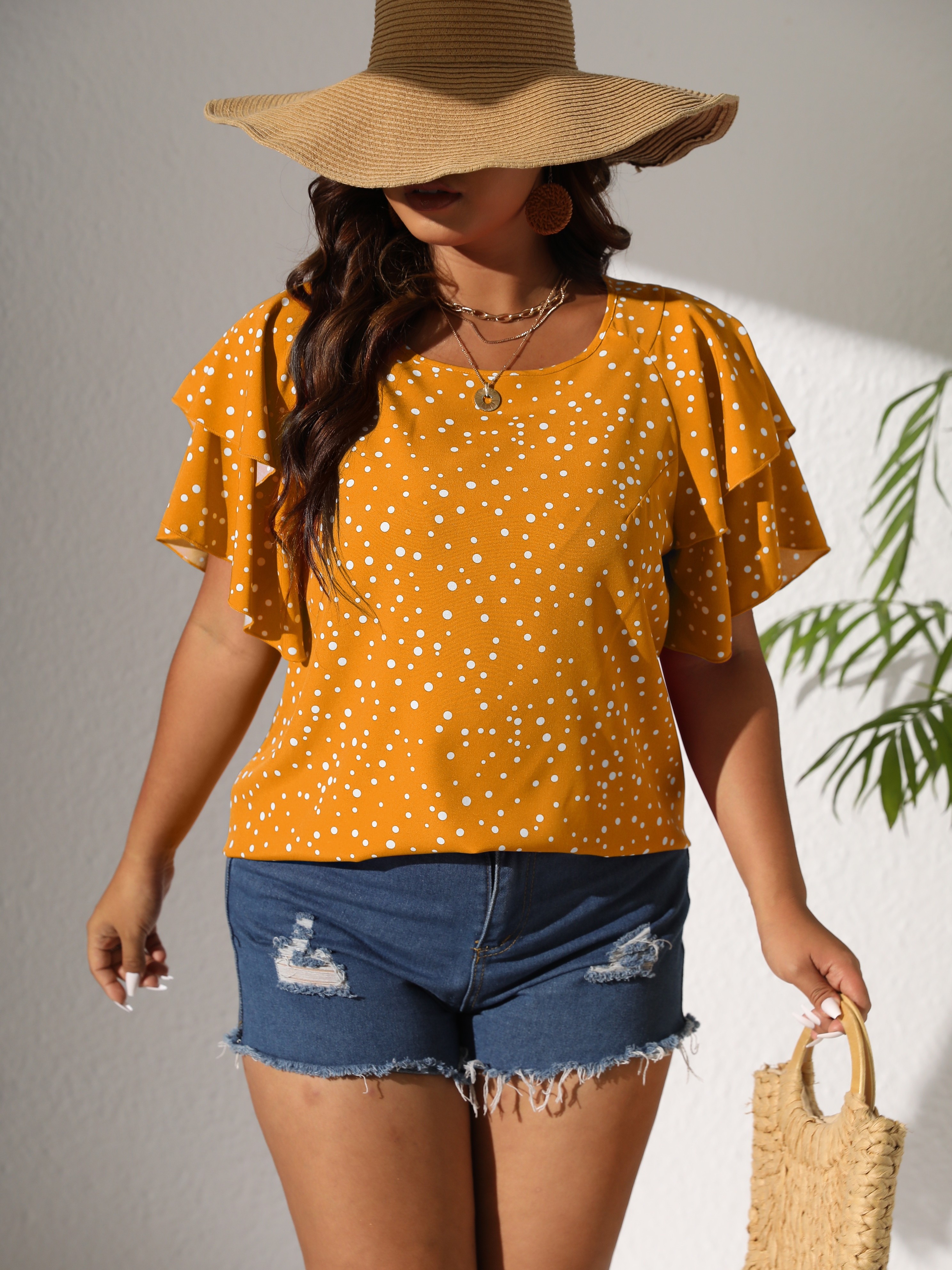 plus size casual blouse womens plus polka dot print layered sleeve round neck oversized blouse details 8