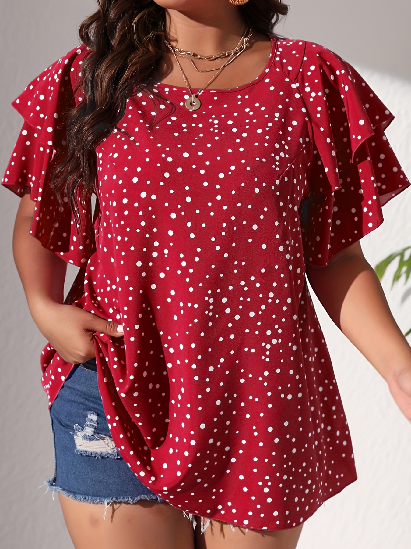 plus size casual blouse womens plus polka dot print layered sleeve round neck oversized blouse details 10