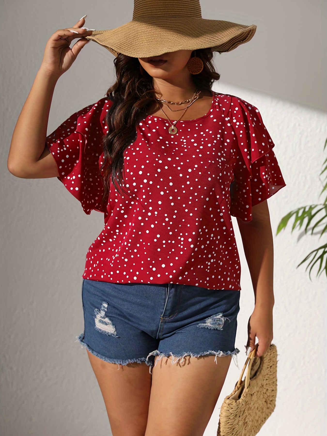 plus size casual blouse womens plus polka dot print layered sleeve round neck oversized blouse details 12