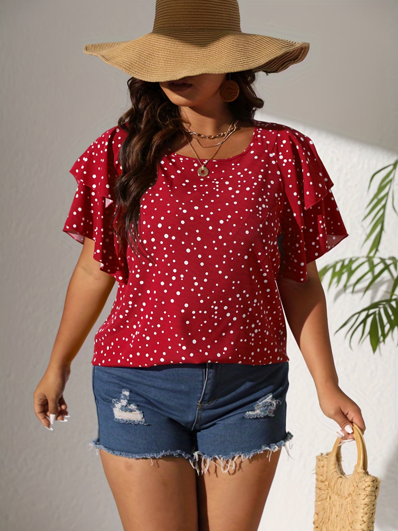 plus size casual blouse womens plus polka dot print layered sleeve round neck oversized blouse details 13